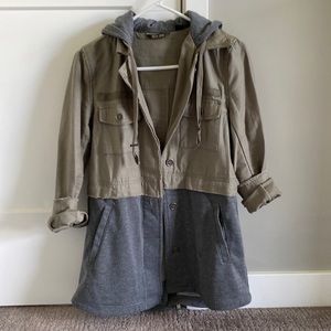Peyton Jensen olive green jacket with grey sweatshirt (size small)